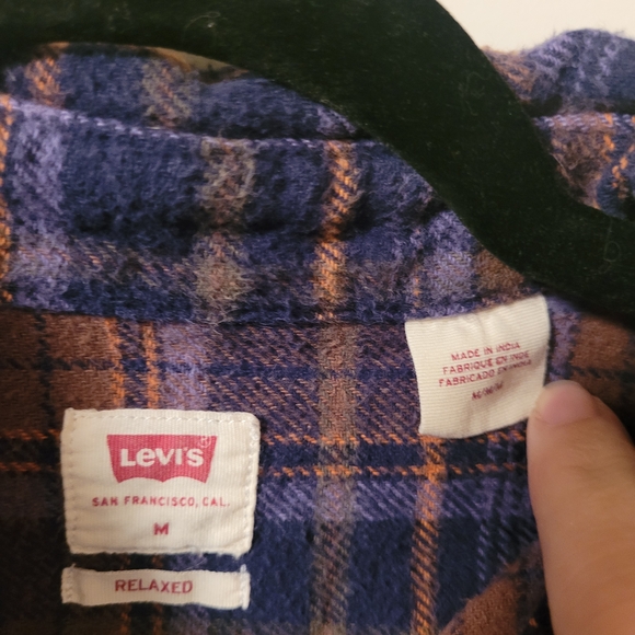 Levi's Relaxed Fit Flannel Shirt Adult Sz M Brown Blue Plaid Heavyweight Grunge - Picture 4 of 5